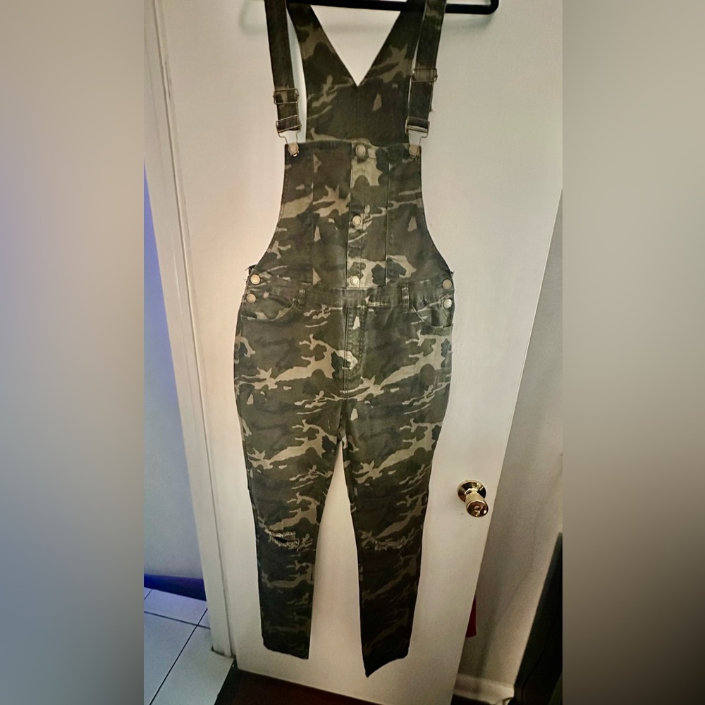 Women’s distressed camouflage overalls